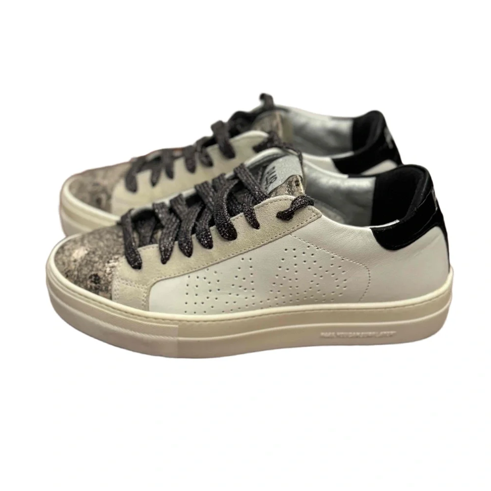 P448 Thea Platform Sneakers White Metallic Leather and Suede Size 37‎